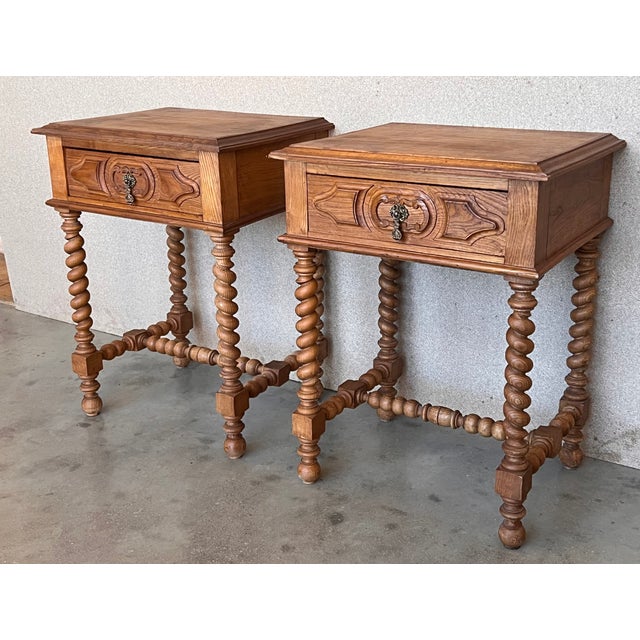 French Vintage French Nightstands in Solid Carved Oak With Turned Columns, Set of 2 For Sale - Image 3 of 12
