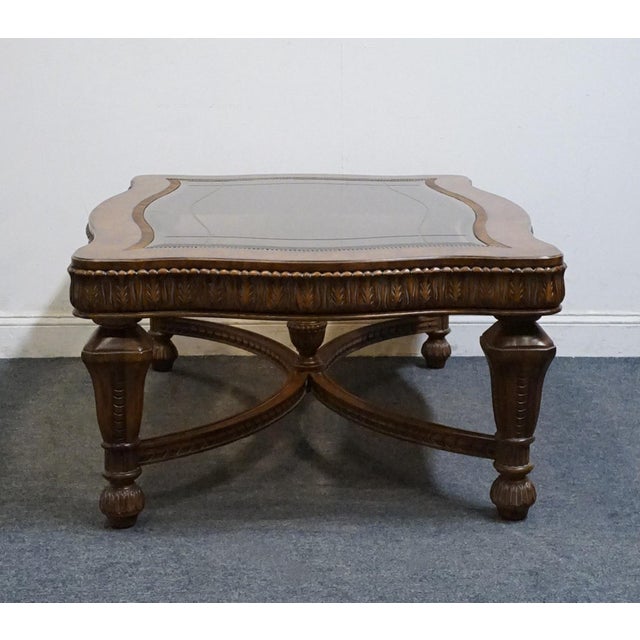 Brown Drexel Heritage Talavera Collection Walnut Contemporary Spanish Mediterranean 52" Accent Glass-Topped Coffee Table 532-107 For Sale - Image 8 of 10