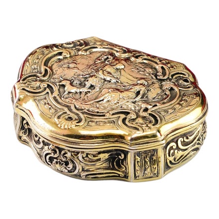 Antique Silver Gilt Table Snuff Box with Rococo Motif and Meleager Boar Head Scene, 18th Century For Sale