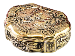 Antique Silver Gilt Table Snuff Box with Rococo Motif and Meleager Boar Head Scene, 18th Century