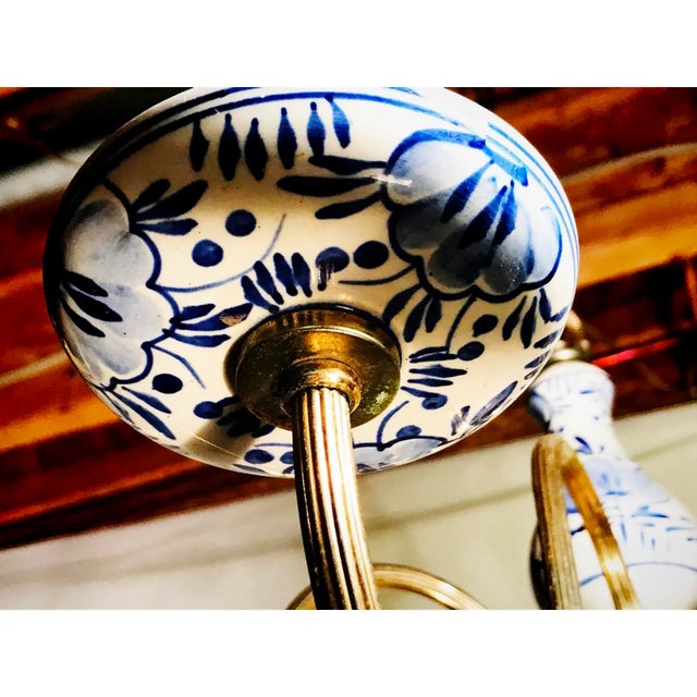 Vintage Tuscan Blue and White Eight-Arm Chandelier With Shades For Sale - Image 4 of 7