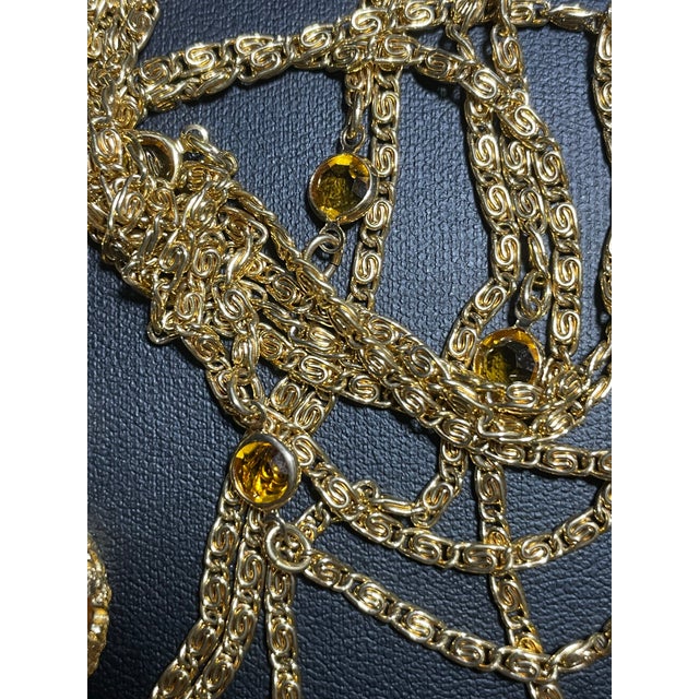 MCM Jewelry by Goldette Signature Style Victorian Revival Multi-Strand Necklace With Enormous Amber Crystal Fob Pendant For Sale In South Bend - Image 6 of 12