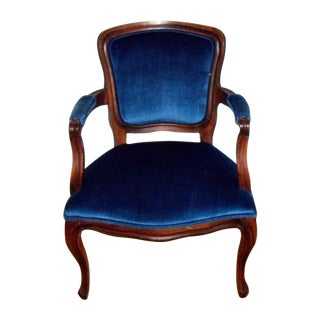 Mid-Century French Style Blue Velvet Arm Chair For Sale