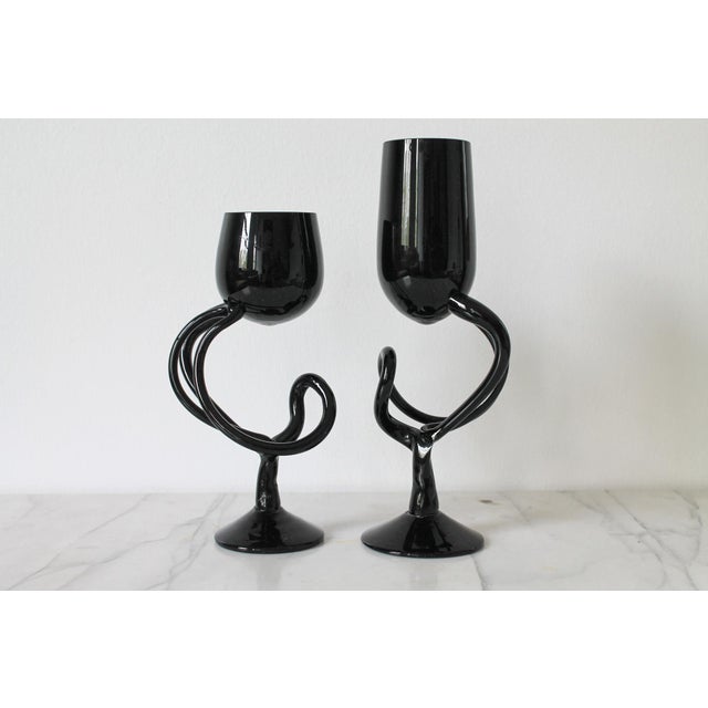 Vintage Hand Blown Black Art Glass Goblets S/2 For Sale - Image 4 of 7
