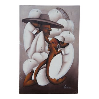 Late 20th Century Jean Bruno Louisius Haitian Figures Dressed in White Oil Painting on Canvas 15" For Sale