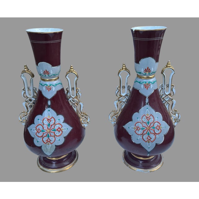 Pair Antique 19” Hand Painted Gilt Decorated Old Pair Porcelain Portrait Handled Vases As Is Description Impressive pair...
