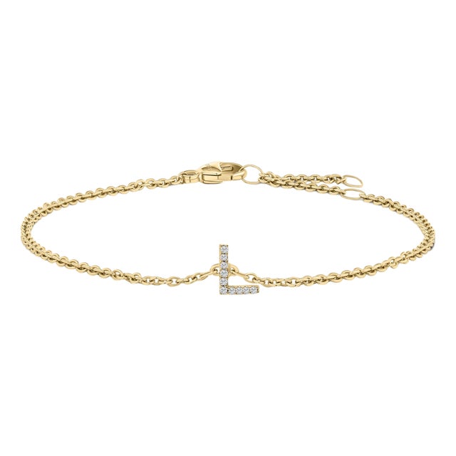 10K Yellow Gold Diamond Accent "L" Initial Charm and Link Bracelet For Sale