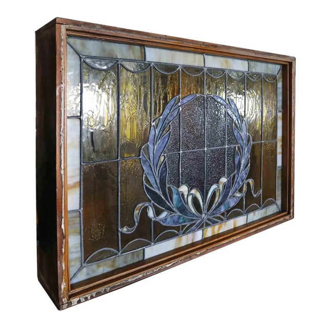 Traditional Stained Glass Window Antique - Wreath and Bow Design For Sale - Image 3 of 7