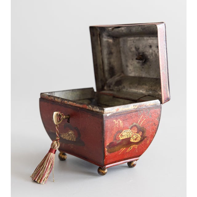 19th Century French Empire Chinoiserie Red Tole Tea Caddy Sarcophagus Box For Sale - Image 4 of 12