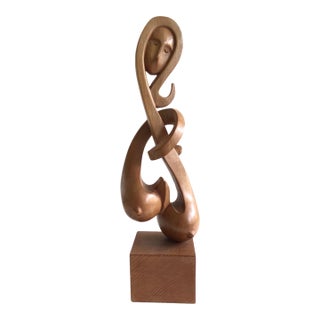 1960s Carved Wood Sculpture of Woman Figure Mounted on Wood Pedestal For Sale