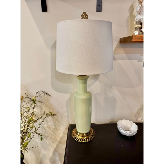 Mid-Century Paul Hanson Celadon Glazed Ceramic Table Lamp - Solid Cast Brass Base For Sale - Image 6 of 12