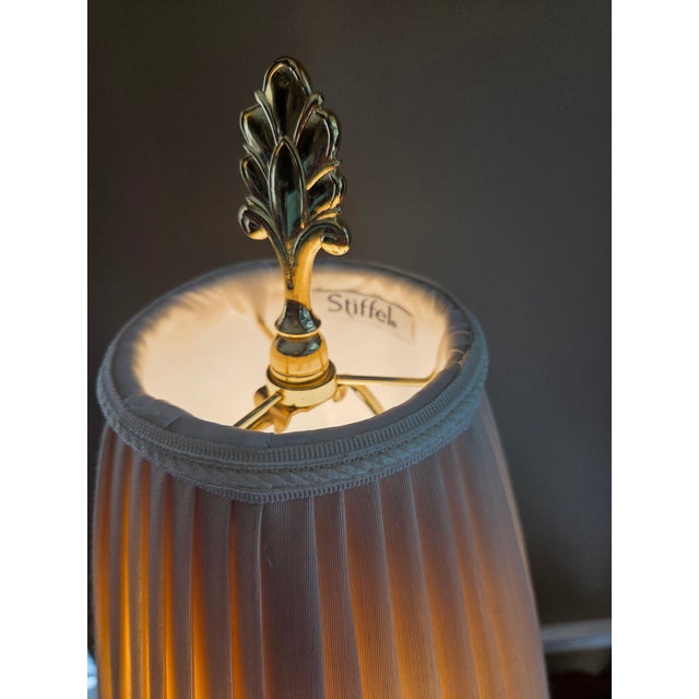 Early 21st Century Vintage Stiffel Brass Buffet Table Candlestick Lamp With Stiffel Linen Shade For Sale - Image 5 of 10