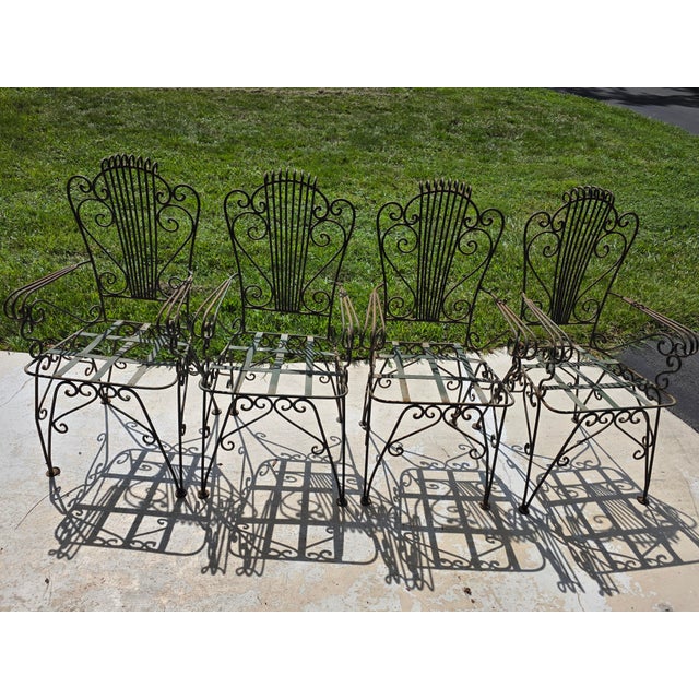 Vintage Neoclassical Style Green Wrought Iron Lyre Harp Garden Chairs - Set of 4 For Sale In Orlando - Image 6 of 12