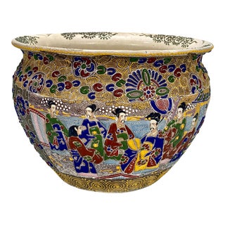 Vintage Chinese Porcelain Moriage Enamel Figural Motif Jardiniere Planter For Sale