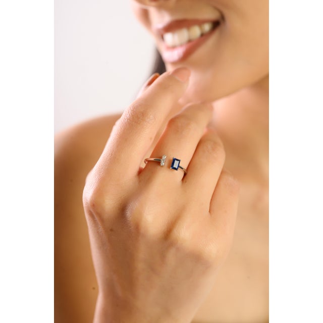 Modern Toi Et Moi Blue Sapphire and Diamond Ring Size 4 in 14k White Gold For Sale - Image 4 of 14