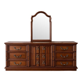 Vintage Traditional 70s Solid Wood Dresser With Arched Mirror For Sale