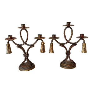 Vintage Italian Style Gilt Decorative Toleware Rope and Tassle Candlesticks- Set of 2
