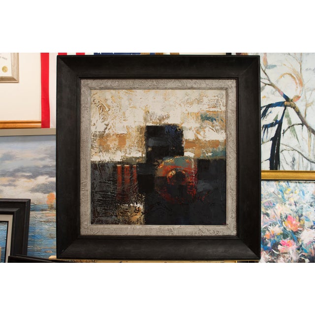 Downtown: Framed Square Textured Abstract Painting On Canvas With Black Red Beige And White Colors. Black Hand finished...