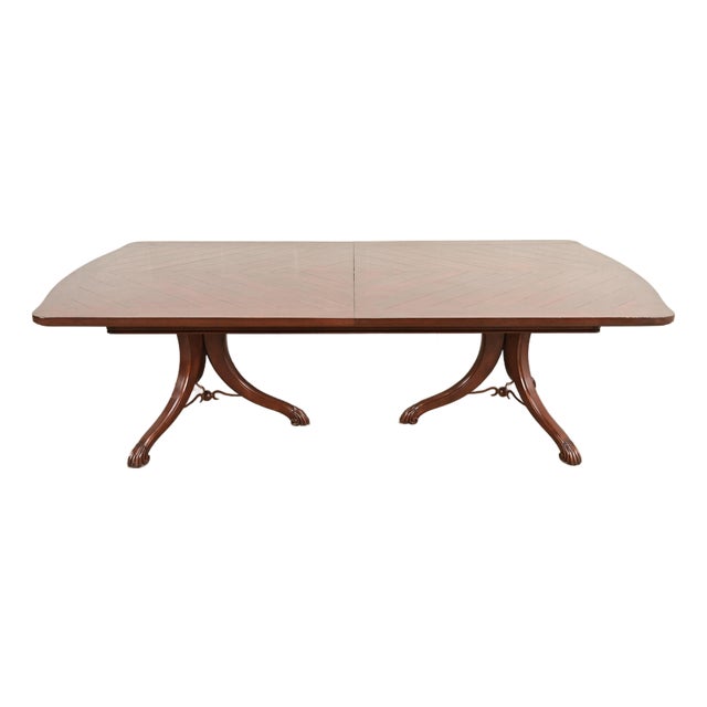 Italian Provincial Carved Cherry Wood and Inlaid Brass Double Pedestal Extension Dining Table by Emanuel Morez For Sale
