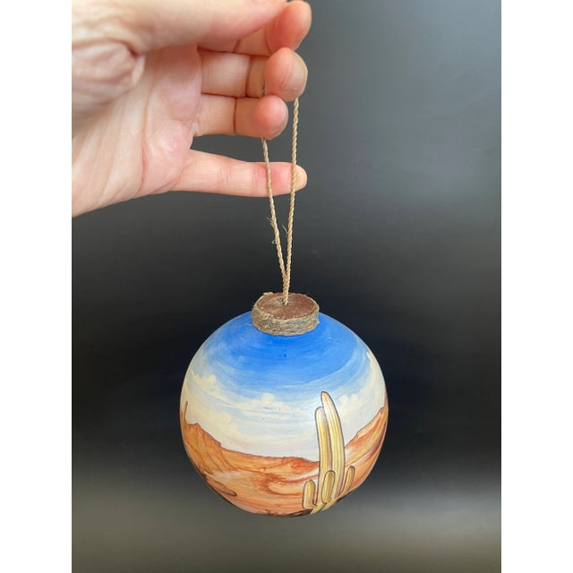 Tan Handmade and Handpainted Pottery Ornament With Saguaro Cactus Landscape For Sale - Image 8 of 12