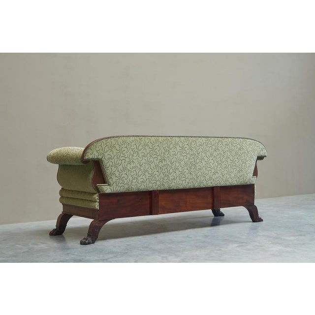 Sculptural Regency Sofa in Figured Mahogany Veneer and Velvet, 1800s For Sale - Image 10 of 11
