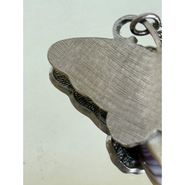 Metal Vintage 1970s Silver Tone Butterfly Pendant Necklace With Purple Banded Agate Cabochon For Sale - Image 7 of 15