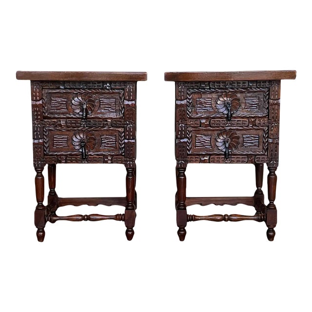 20th Century Pair of Spanish Nightstands With Two Drawers and Iron Hardware For Sale