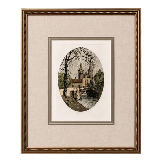 Signed Josef Eidenberger Architectural Etching of a European Bridge & Cathedral – Framed ` For Sale