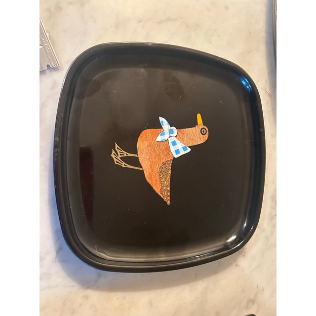 Vintage Couroc Mid Century modern Tray measures 8.5 x 8.5 inches and features a folk art style duck wearing a blue...