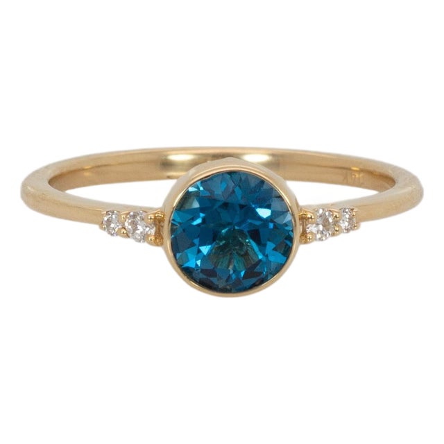 London Blue Topaz Ring With Natural Diamonds Accents: Solid 14k Gold, 5.5mm For Sale