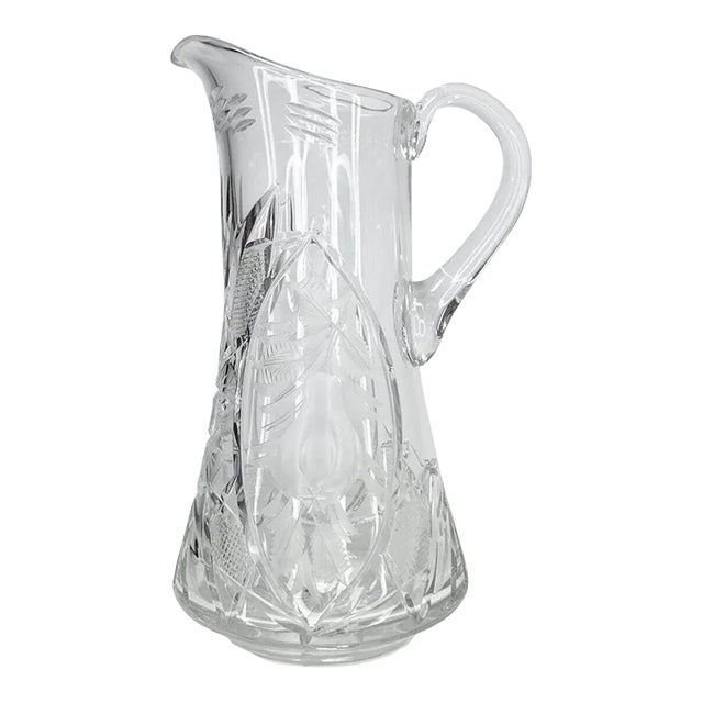 Mid-Century 1960s Cut Crystal Fruit Motif Starburst Handled Pitcher For Sale