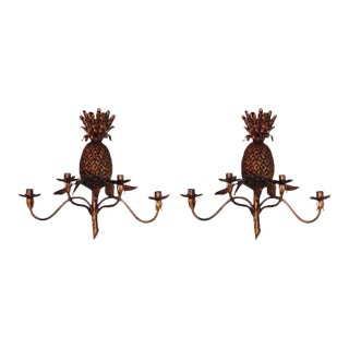 Large Pair of Vintage Italian Gilt Metal Pineapple Sconces For Sale