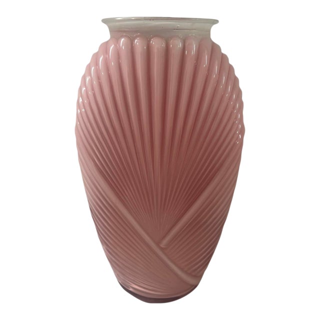 Vintage Anchor Hocking Postmodern Large Ribed Pink Glass Vase 1980s Deco Drape Ribbed Accent For Sale