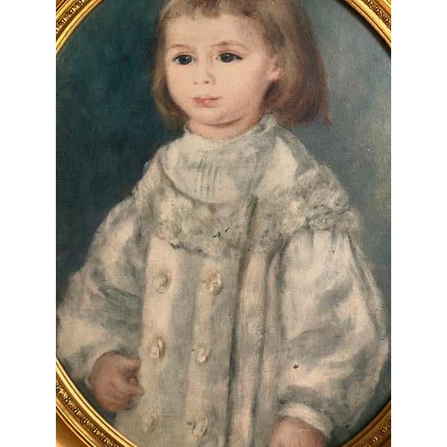 Blue School of Paris, French Oil on Canvas Painting of Young Child Portrait Dressed in Lace Finery, Original Period Oval Gilt Gold Leaf Frame. For Sale - Image 8 of 12