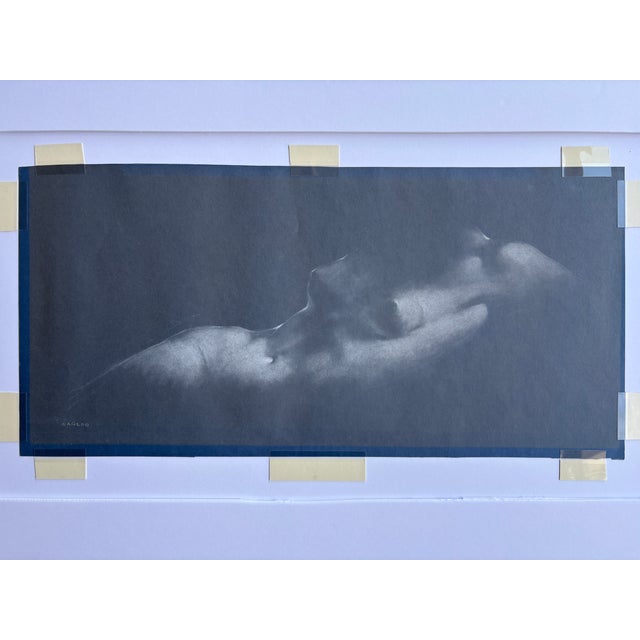 Mid-Century Modern Alexander Cañedo Signed Chalk Drawing — Reclining Female Figure on Deep Blue Paper (Mid‑Century) For Sale - Image 3 of 15