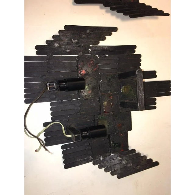 Metal Pair of Mid Century Italian Brutalist Blackened Iron & Geometric Multi Colored Murano Glass Sconces For Sale - Image 7 of 9