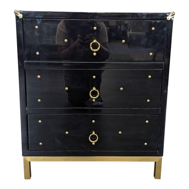 Chic Home Arezzo Black 3-Drawer Dresser/Nightstand With Gold Accents and Modern Legs, Attributed For Sale