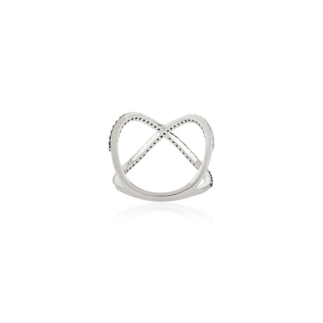 Metal 18k Gold Crossover Ring With Black & White Diamonds Size 6 For Sale - Image 7 of 11