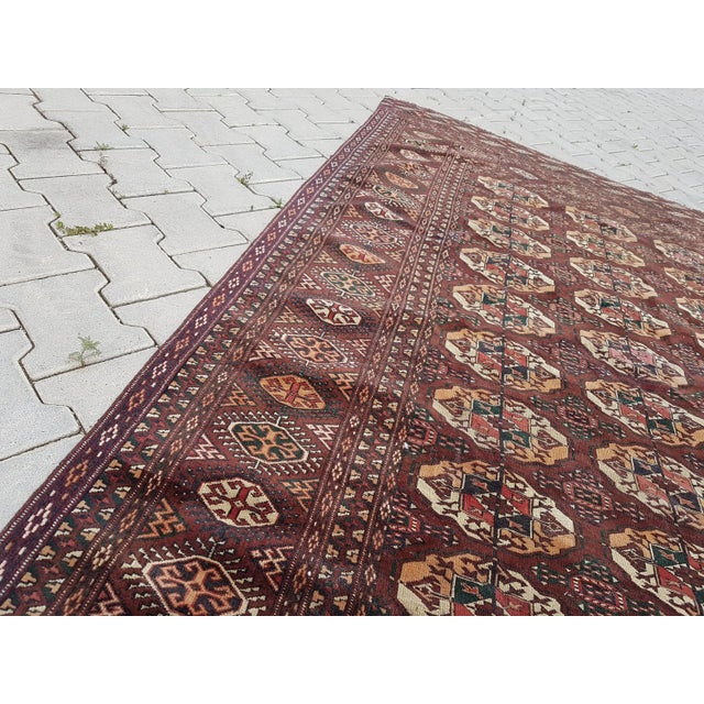 Brick Red 1950s Vintage Turkmen Wool Low Pile Tekke Bokhara Area Rug - 8′7″ × 9′3″ For Sale - Image 8 of 10