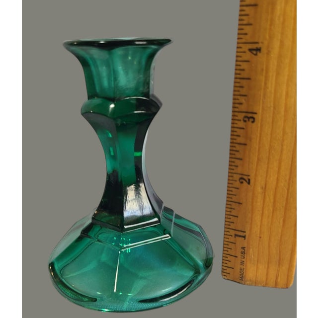Mid 20th Century Vintage North American Indiana Glass Emerald Green Pair of Candlesticks For Sale - Image 5 of 7