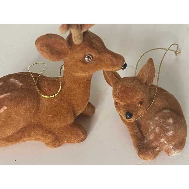 Vintage plush pair of reindeer figurines as Christmas ornaments or Christmas decor, 4” by 5” 3” by 2”