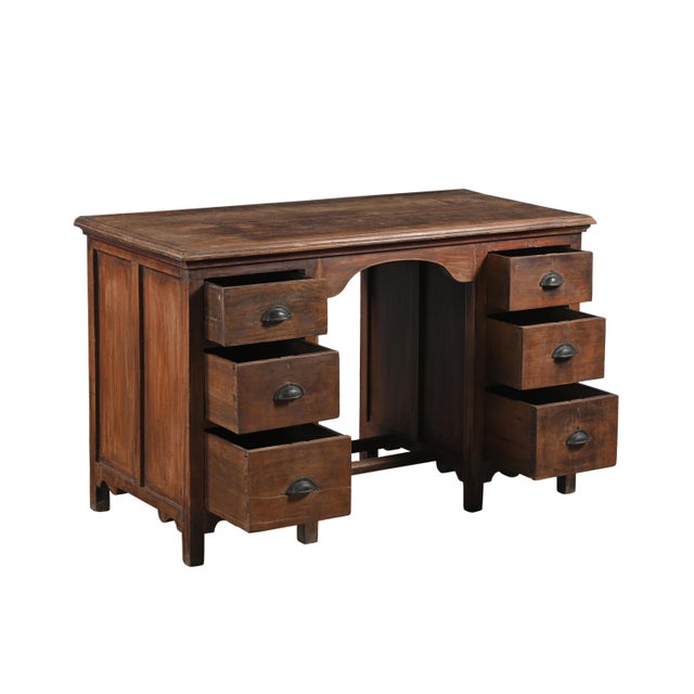 Indian Vintage Teakwood Six-Drawer Pedestal Desk For Sale - Image 3 of 4