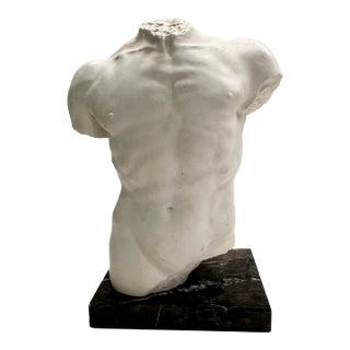 Vintage Signed A. Santini Italian Bonded Marble Male Torso Sculpture on Nero Marquina Base, Heavy For Sale