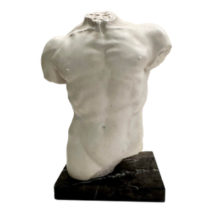Vintage Signed A. Santini Italian Bonded Marble Male Torso Sculpture on Nero Marquina Base, Heavy