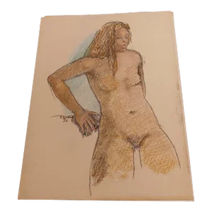 Expressionist Nude Pastel Drawing by Marcia Bouton 1970s