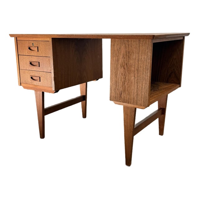 Compact Vintage Danish Modern Teak Writing Desk With Side and Rear Bookshelves For Sale