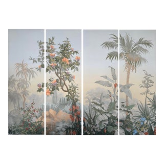 36" * H108" * 4ps, Hand-Painted French Retro Tropical Jungle Floral & Bird Wall Mural, Soft Mist Botanical Wallpaper For Sale