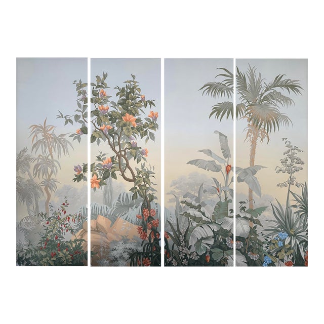 36" * H108" * 4ps, Hand-Painted French Retro Tropical Jungle Floral & Bird Wall Mural, Soft Mist Botanical Wallpaper For Sale