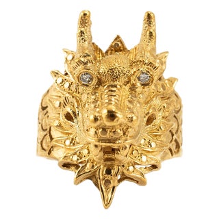 Vintage Solid 24k Gold 9999 Diamond Eyes Carved Dragon Head Cocktail Ring, Size 9.5 For Sale
