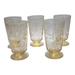 1930s Us Glass Tiffin Byzantine #045 5.0" Juice Footed Tumblers in Mandarin (Yellow)- Set of 5 For Sale